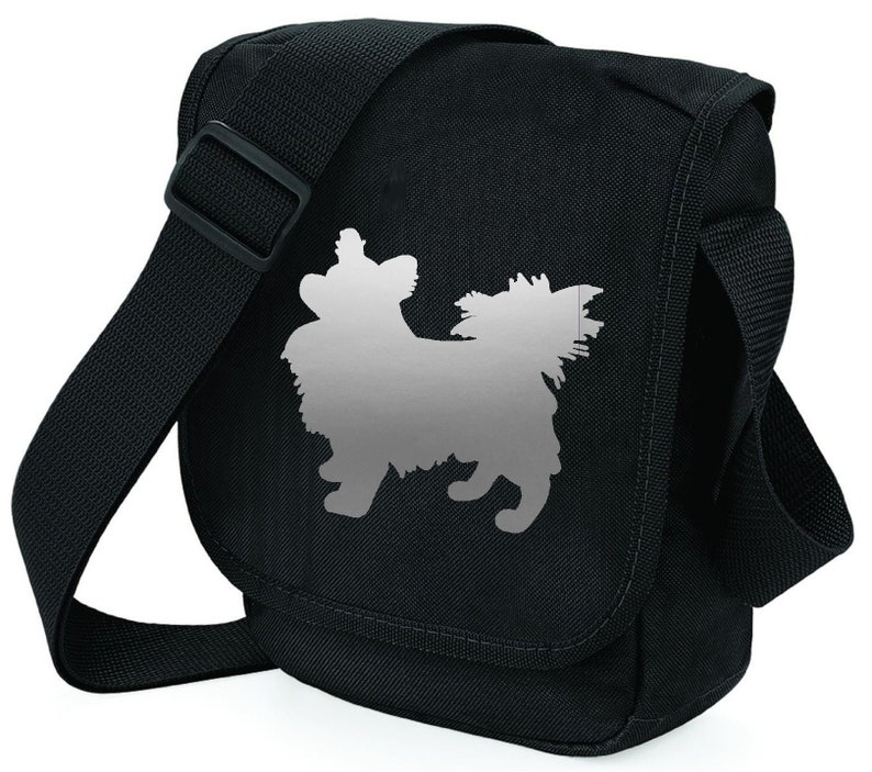 Long Haired Chihuahua Bag Metallic Gold Silver Red Chihuahua Silhouette Black Shoulder Bags Dog Walkers Gift Zipped pocket on back.