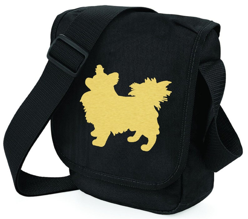 Long Haired Chihuahua Bag Metallic Gold Silver Red Chihuahua Silhouette Black Shoulder Bags Dog Walkers Gift Zipped pocket on back.