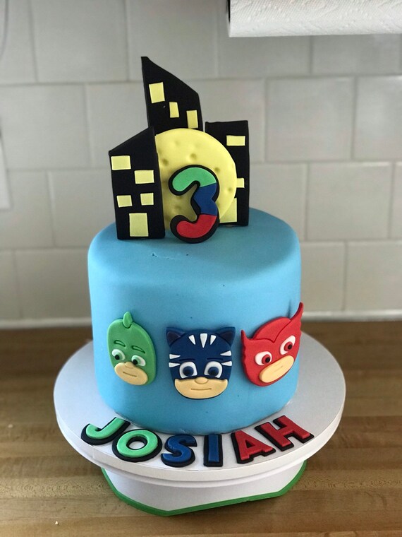 Pj Masks Inspired Fondant Cake Topper Set With Catboy Owlette Gekko And City Skyline And Moon