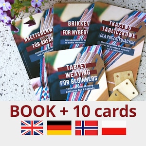 Tablet weaving book tutorial plus a set of 10 weaving cards! Beginner card weaving printed book - English, German, Norwegian, Polish