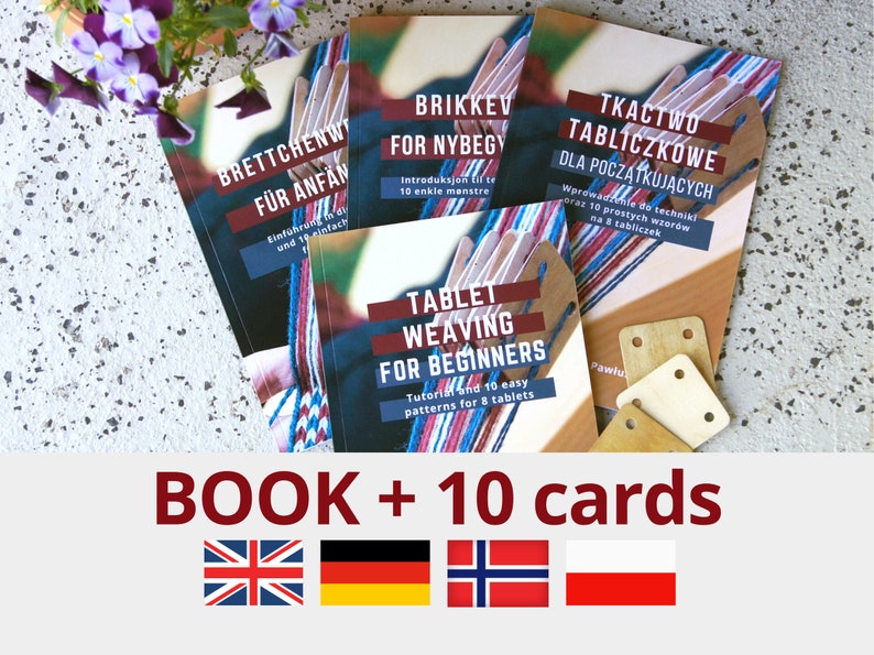 Tablet weaving book tutorial plus a set of 10 weaving cards Beginner card weaving printed book English, German, Norwegian, Polish Polish (PL)