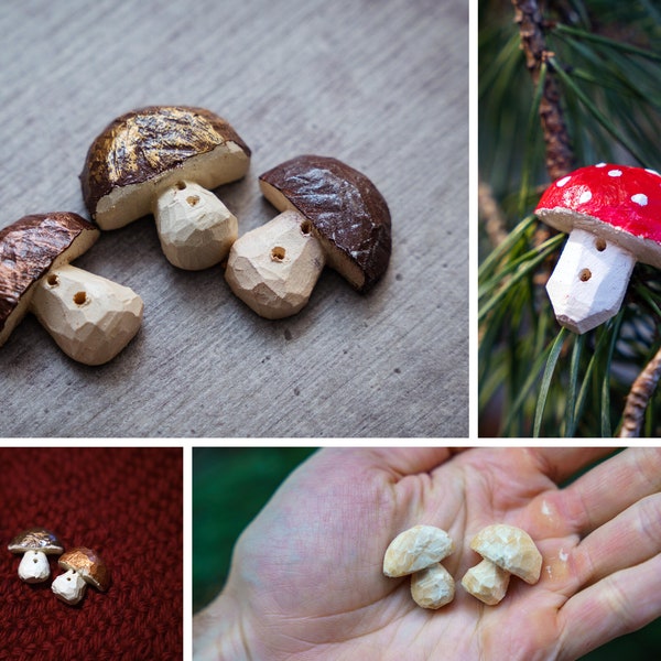 Étiquette à coudre champignons en bois peints à la main, boutons faits main pour le bricolage et la couture, un emblème ou une décoration pour une reliure ou d'autres textiles.