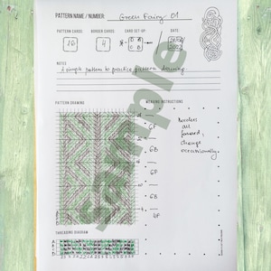 May include: A pattern design sheet named "Green Fairy 01" featuring a green and brown geometric design. The sheet includes pattern cards, border cards, and weaving instructions. The background is a light green wooden surface.