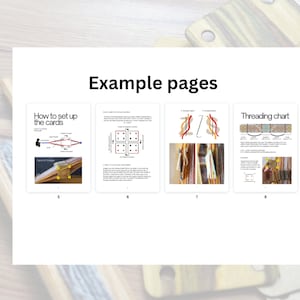 May include: A digital PDF guide titled "WICI's PDF patterns for tablet weaving series, Vol. #1." The image displays example pages with diagrams and instructions, including "How to set up the cards" and a "Threading chart."