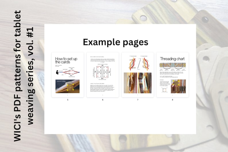 May include: A digital PDF guide titled "WICI's PDF patterns for tablet weaving series, Vol. #1." The image displays example pages with diagrams and instructions, including "How to set up the cards" and a "Threading chart."