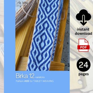 May include: A digital PDF pattern for tablet weaving, showcasing a blue and white geometric design. The pattern is titled "Birka 12 variations" and is part of the WICI's PDF patterns series, Vol. #5. The PDF is available for instant download and contains 24 pages.