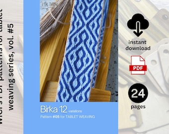 Puede incluir: Un documento PDF digital titulado WICI's PDF patterns for tablet weaving series, vol. 5, que presenta variaciones de Birka 12. La portada muestra una cinta tejida en azul y blanco con un patrón geométrico, junto a iconos de descarga, PDF y 24 páginas.