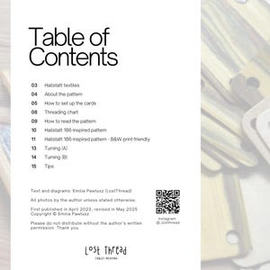 May include: A white page with the title "Table of Contents" lists topics for tablet weaving patterns. The text includes "Hallstatt textiles," "Threading chart," and "Hallstatt 186-inspired pattern." The background shows wooden weaving tools.