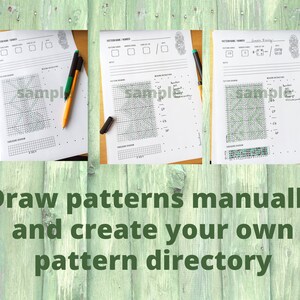 May include: Three sheets of paper with cross-stitch pattern diagrams and the word "sample" printed on them. Each sheet has a different pattern drawn in green and black ink. The image also includes pens and the text "Draw patterns manually and create your own pattern directory."