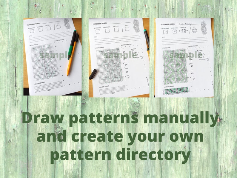May include: Three sheets of paper with cross-stitch pattern diagrams and the word "sample" printed on them. Each sheet has a different pattern drawn in green and black ink. The image also includes pens and the text "Draw patterns manually and create your own pattern directory."