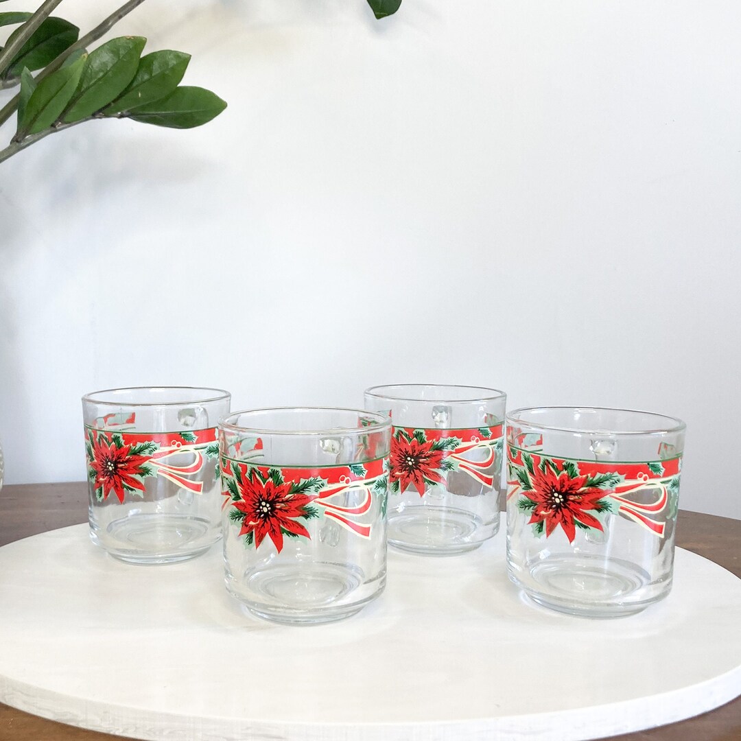 Vintage Poinsettia Egg Nog Mug Set of 4 Glass Christmas Mugs Etsy