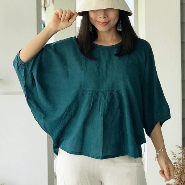 Teal Raw Natural Cotton Gauze Blouse, Uneven Hemline Puff Sleeve Loose Cotton Summer Top, Boho Shirt, Boho Clothing Cotton