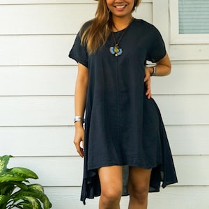 Black Raw Natural Cotton Gauze Asymmetrical Maxi Dress, Boho Dress, Cotton Dress, Boho Clothing