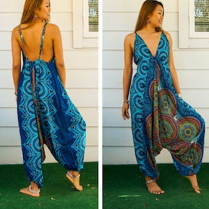 Turquoise Mandala Jumpsuit Rompers Harem Pants, Hippie Boho Summer Jumpsuit, Yoga Harem Pants Jumpsuit, Loungewear