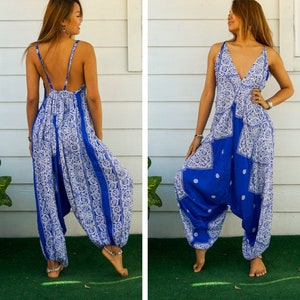 Blue Mandala Jumpsuit Rompers Harem Pants, Hippie Boho Summer Jumpsuit, Yoga Harem Pants Jumpsuit, Loungewear