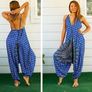 Blue Mandala Jumpsuit Rompers Harem Pants, Hippie Boho Summer Jumpsuit, Yoga Harem Pants Jumpsuit, Loungewear