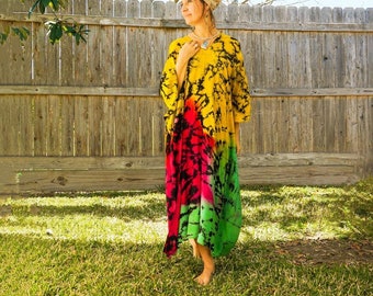 Tropical Sunrise | Hand Dyed Kaftan Dress, Loose Fit Tie Dye Dress, Tie Dye Clothing, Oversize Kaftan Dress, Tye Dye Poncho, Loungewear