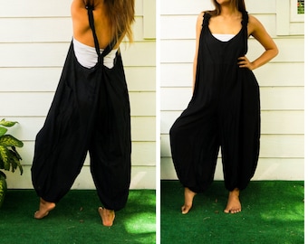 Black Dungarees Overalls Jumpsuit Romper with Pockets, Hippie Clothing, Harem Pants Rompers, Festival Clothing