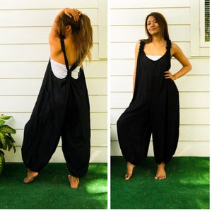 Black Dungarees Overalls Jumpsuit Romper with Pockets, Hippie Clothing, Harem Pants Rompers, Festival Clothing