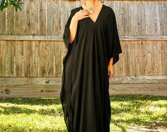 Solid Black Cotton Kimono Kaftan Dress, Loose Fit Maxi  Dress, Resort Wear, Loungewear, Summer Kaftan, Swimsuit Cover Up