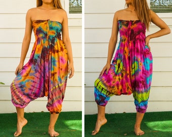Tie Dye Harem Jumpsuit, Hippie Romper, Tie Dye Clothing, Tie Dye Dress, Tie Dye Romper, Harem Dress, Summer Clothing, Beachwear