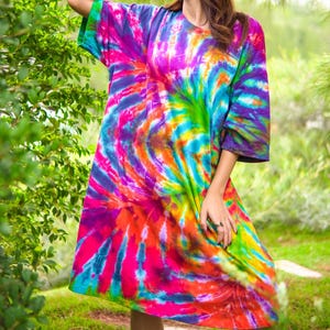 Sunkissed Waves Hand Dyed Boho Cotton Dress with Pockets, Hippie Oversized Tunic Kaftan Shirtdress, Tie Dye Clothing, Loungewear
