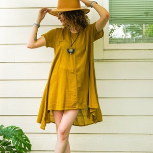 Mustard Yellow Raw Natural Cotton Gauze Asymmetrical Maxi Dress, Boho Dress, Cotton Sundress, Boho Clothing