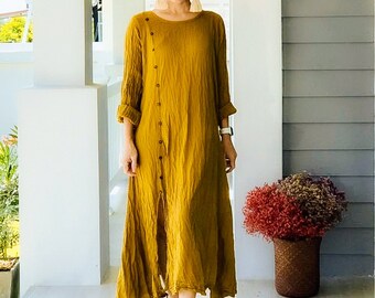 Raw Natural Crinkled Cotton Long Sleeve Maxi Dress / Boho Summer Minimal Dress / Cotton Sundress/ 100% Organic Cotton
