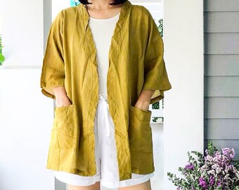 Cardigan in garza di cotone naturale grezzo con tasche, giacca kimono estiva con top ampio, copricostumi in tunica di cotone, camicetta di cotone, 100% cotone organico