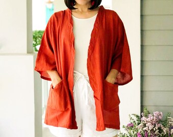 Cardigan en gaze de coton brut avec poches, veste kimono d'été ample, tunique en coton, chemisier en coton, 100 % coton biologique