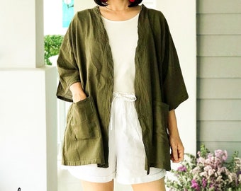 Cardigan in garza di cotone naturale grezzo con tasche, giacca kimono estiva con top ampio, copricostumi in tunica di cotone, camicetta di cotone, 100% cotone organico