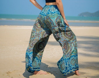 Muted Teal Mandala Wide Leg Palazzo Pants, Elastic Waist Pants, Boho Pants, Hippie pants, Comfy Pants, Loose Casual Boho Trousers