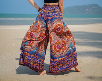 Muted Teal Mandala Wide Leg Palazzo Pants, Elastic Waist Pants, Boho Pants, Hippie pants, Comfy Pants, Loose Casual Boho Trousers