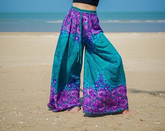 Teal Mandala Wide Leg Palazzo Pants, Elastic Waist Pants, Boho Pants, Hippie pants, Comfy Pants, Loose Casual Boho Trousers