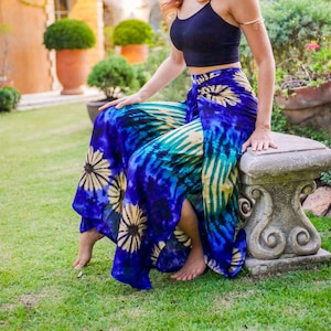 Indigo Tropics | Tie Dye Palazzo Harem Flow Pants, Beach Pants, Wrap Pants-Open Flow Genie Pants, Bohemian Flow Pants, Tie Dye Festival Pant