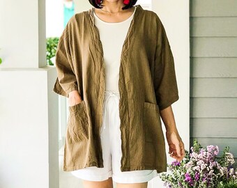 Cardigan in garza di cotone naturale grezzo con tasche, giacca kimono estiva con top ampio, copricostumi in tunica di cotone, camicetta di cotone, 100% cotone organico