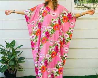 Hibiscus Floral Boho Kaftan Dress, Loose Fit Kaftan Dress, Beachwear, Loungewear, Summer Clothing, Swimsuit Cover Up, Hawaiian Caftan