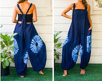 Indigo Burst | Shibori Hand Dyed Dungarees Overalls Jumpsuit Romper with Pockets, Hippie Clothing, Tie Dye Pants, Festival Tie Dye Clothing