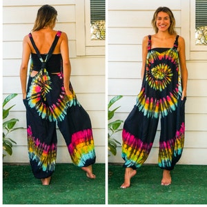 Raven Hand Dyed Dungarees Overalls Jumpsuit with Pockets, Tie Dye Romper, Hippie Boho Clothing, Tie Dye Pants, Festival Clothing