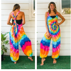 Hippie Festival Vibes | Hand Dyed Dungarees Overalls Jumpsuit with Pockets, Tie Dye Romper, Hippie Clothing, Tie Dye Pants Festival Clothing