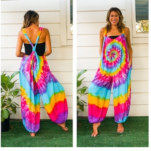 Wildflower Wanderer | Hand Dyed Dungarees Overalls Jumpsuit with Pockets, Tie Dye Romper, Hippie Clothing, Tie Dye Pants, Festival Clothing