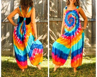 Hand Dyed Dungarees Overalls Jumpsuit with Pockets, Tie Dye Romper, Hippie Clothing, Tie Dye Pants, Festival Clothing, Tie Dye Clothing