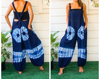 Indigo Bloom | Shibori Hand Dyed Dungarees Overalls Jumpsuit Romper with Pockets, Hippie Clothing, Tie Dye Pants, Festival Tie Dye Clothing