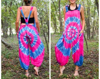 Hand Dyed Dungarees Overalls Jumpsuit with Pockets, Tie Dye Romper, Hippie Clothing, Festival Rompers, Festival Tie Dye Clothing