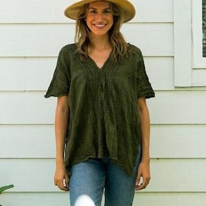Raw Natural Crinkled Cotton Gauze Blouse, Cotton Tunic Kaftan, Cotton Tops, Boho Shirt, Boho Clothing