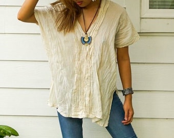 Raw Natural Crinkled Cotton Gauze Blouse, Cotton Tunic Kaftan, Cotton Tunic Top, Boho Shirt, Boho Clothing