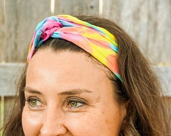 Elastyczna opaska na głowę z turbanem w pastelowych kolorach tęczy, Tie Dye, akcesoria Tie Dye, akcesoria hippie, opaska w stylu boho