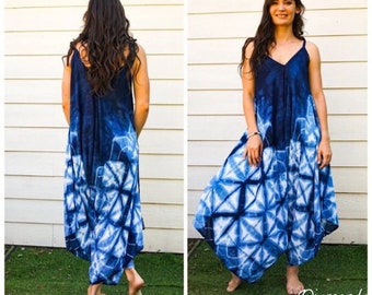 Shibori Indigo Hand Dyed Boho Jumpsuits Rompers Pants, Hippie Jumpsuit, Wide Legs Jumpsuits, Loungewear, Boho Clothing, Beach Wear