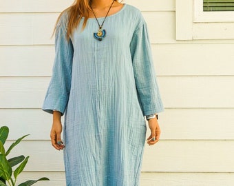 Blue Double Gauze Cotton Dress with Pockets / Boho Dress / Cotton Maxi Dress, Maternity Dress / Boho Clothing  / 100% Organic Cotton