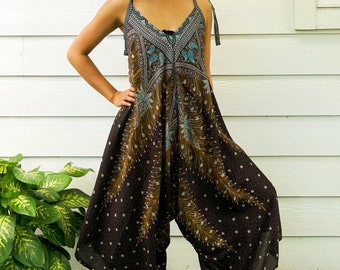 Brown Paisley Peacock Jumpsuit Rompers Pants with Pockets, Wide Leg Summer Jumpsuit, Yoga Harem Pants Jumpsuit, Loungewear